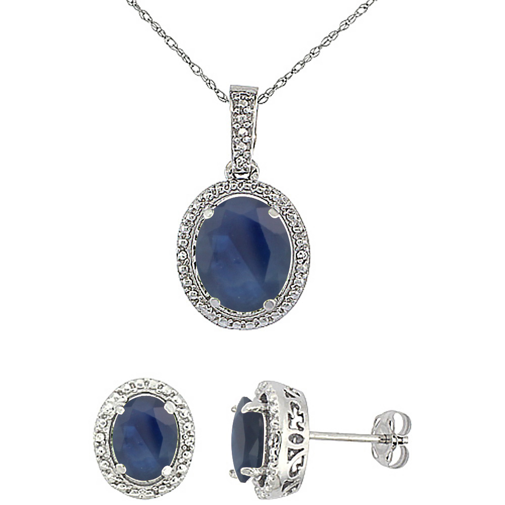 10K White Gold Diamond Natural Blue Sapphire Oval Earrings &amp; Pendant Set