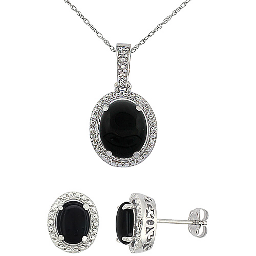 10K White Gold Diamond Natural Black Onyx Oval Earrings & Pendant Set