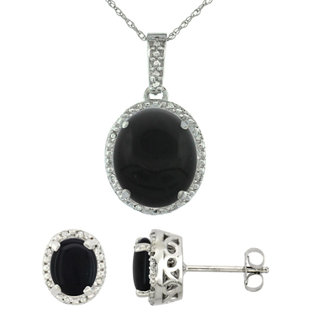 10K White Gold Diamond Halo Natural Black Onyx Earrings Necklace Set Oval 7x5mm &amp; 12x10mm, 18 inch