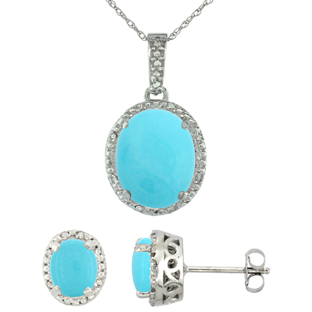 10K White Gold Diamond Halo Natural Turquoise Earrings Necklace Set Oval 7x5mm &amp; 12x10mm, 18 inch