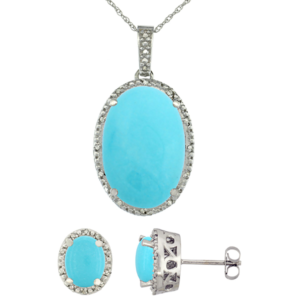10K White Gold Diamond Natural Oval Turquoise Earrings &amp; Pendant Set