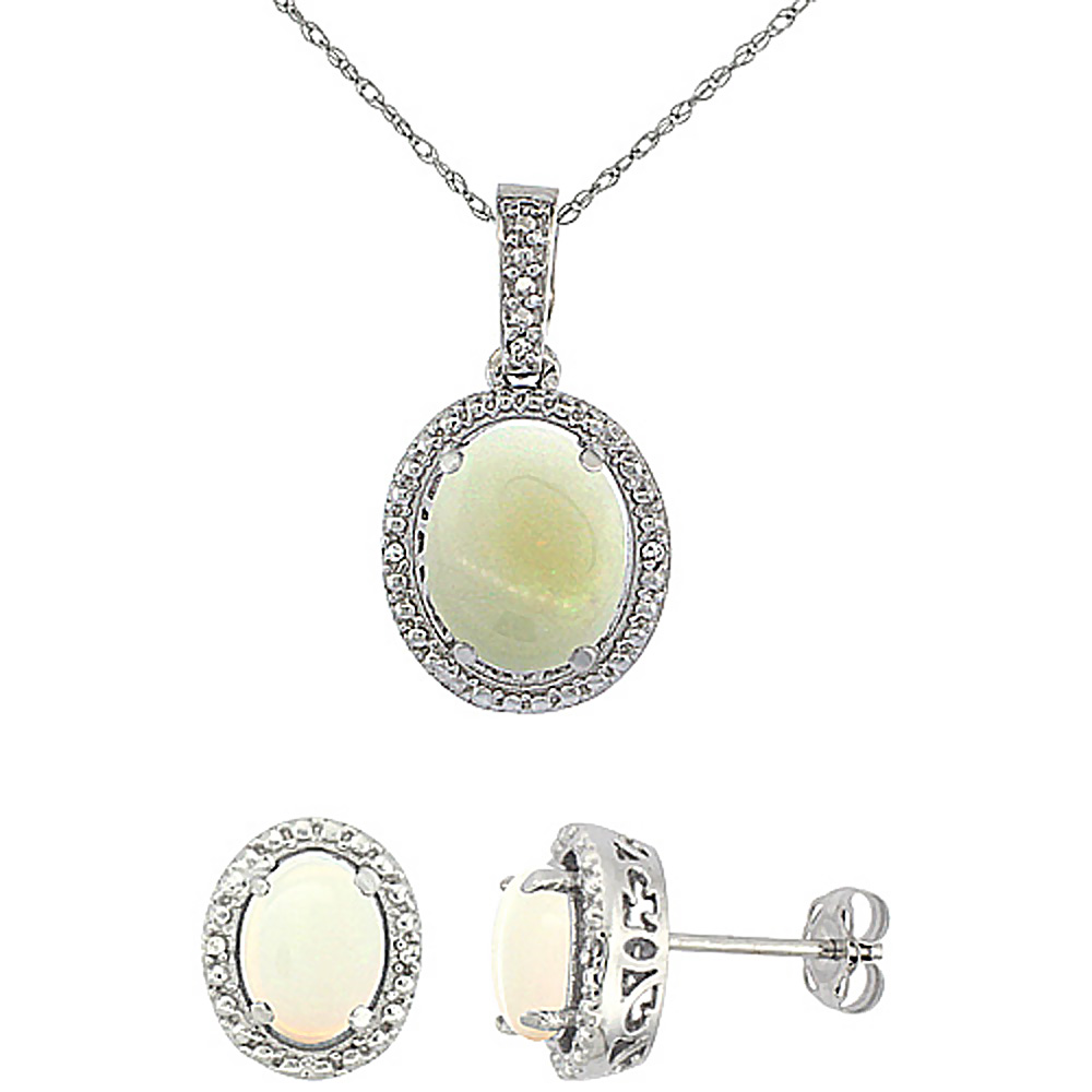 10K White Gold Diamond Natural Opal Oval Earrings & Pendant Set