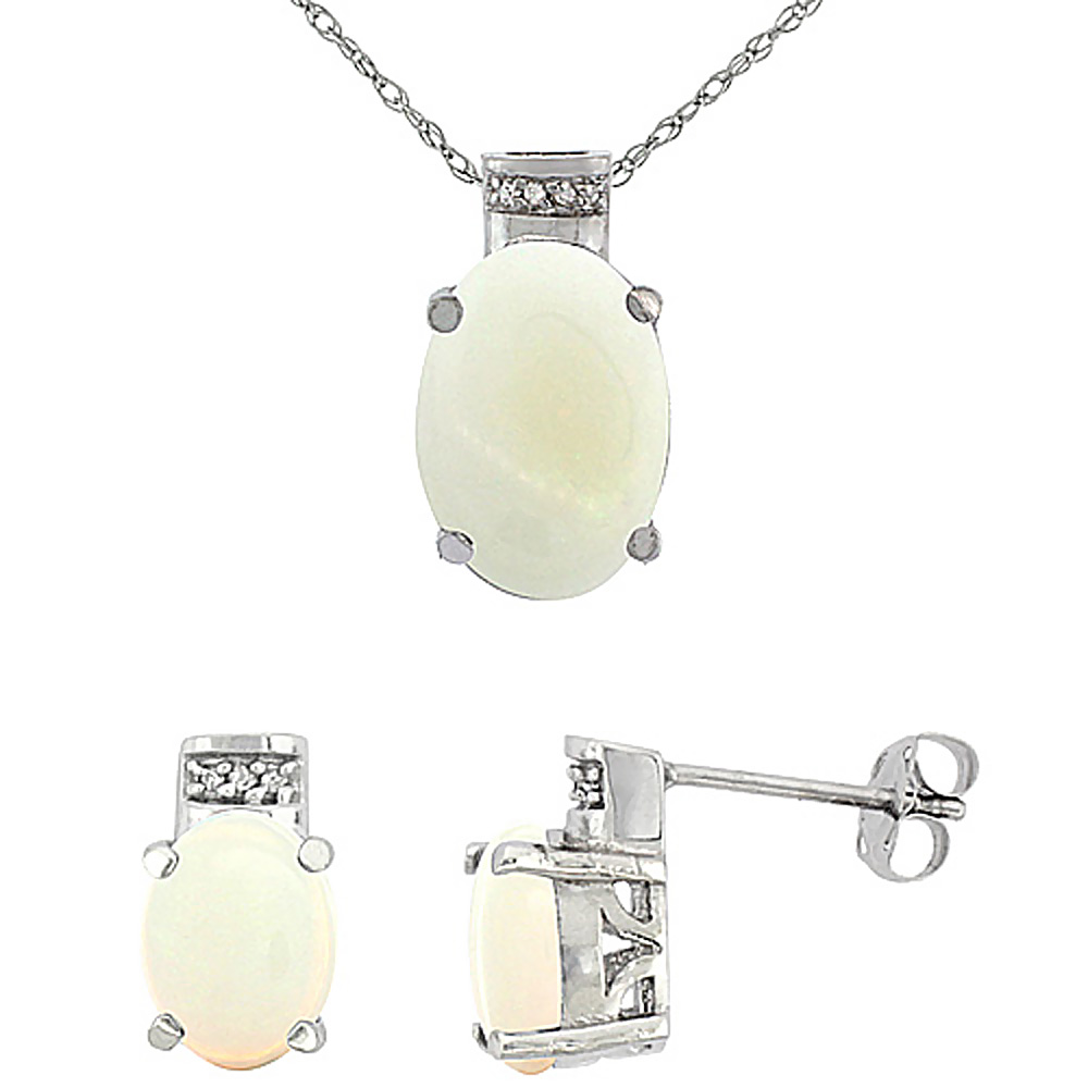 10K White Gold Diamond Natural Oval Opal Earrings & Pendant Set