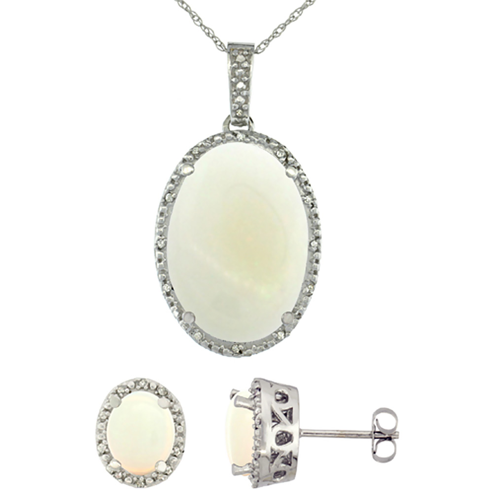 10K White Gold Diamond Natural Oval Opal Earrings & Pendant Set