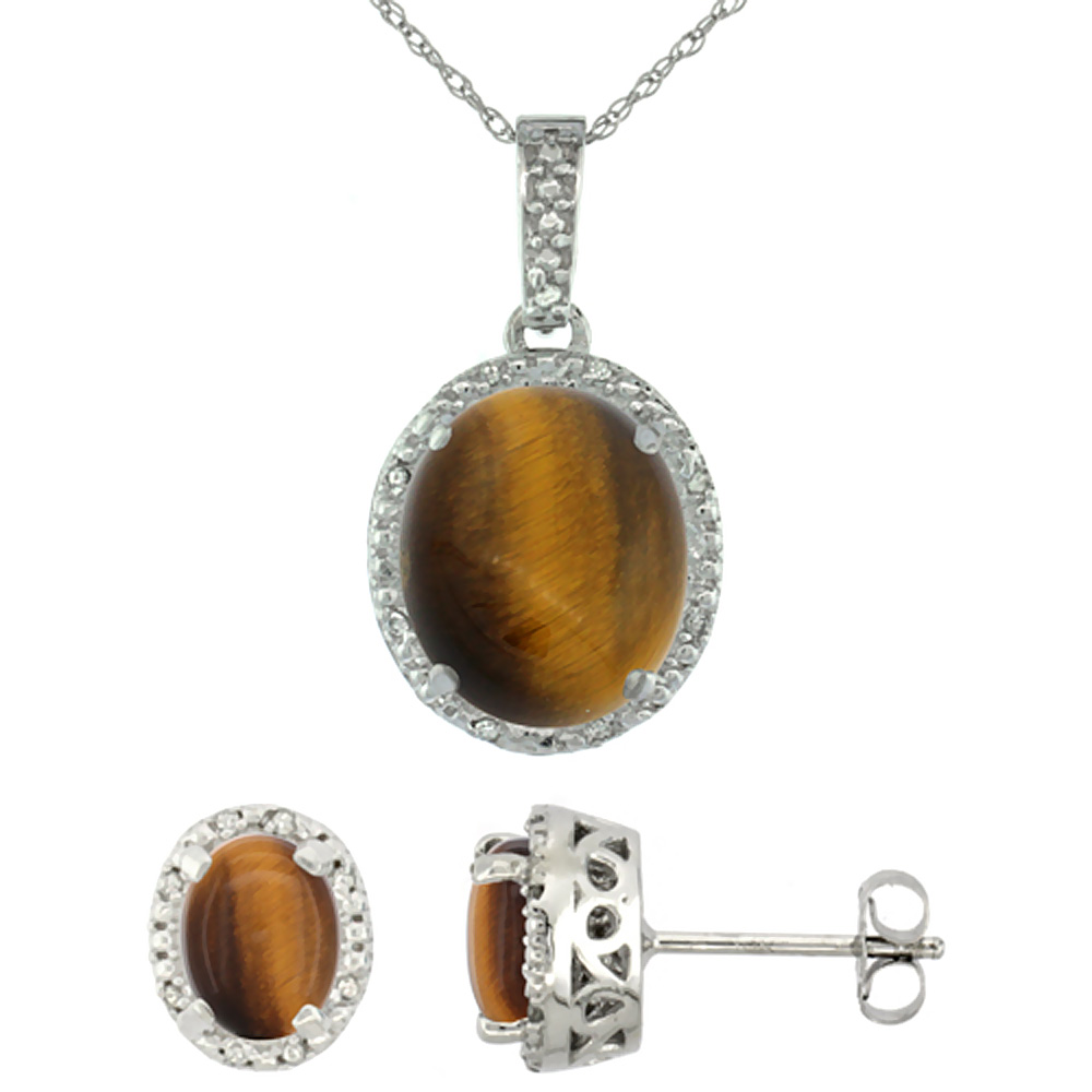 10K White Gold Diamond Halo Natural Tiger Eye Earrings Necklace Set Oval 7x5mm & 12x10mm, 18 inch