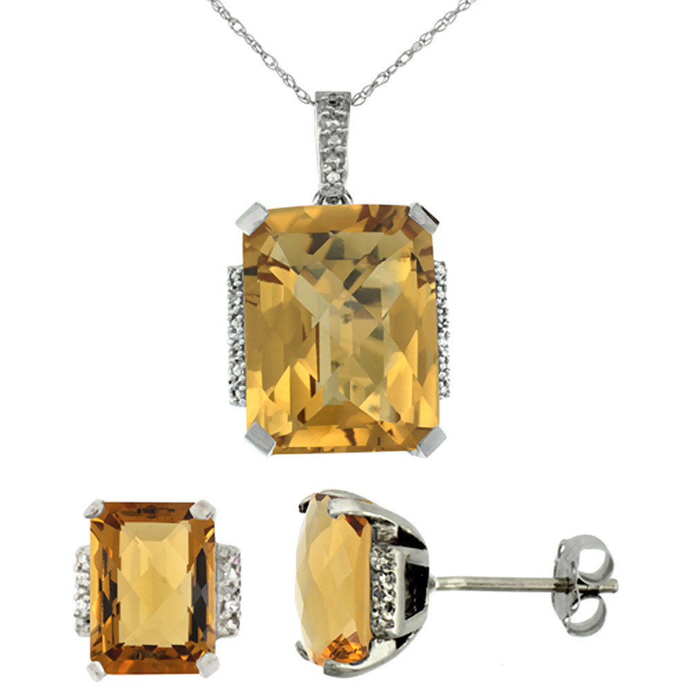 10K White Gold Natural Octagon Whisky Quartz Earrings &amp; Pendant Set Diamond Accents