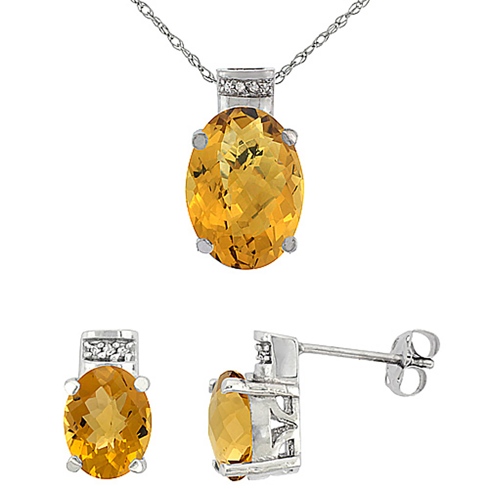 10K White Gold Diamond Natural Oval Whisky Quartz Earrings & Pendant Set