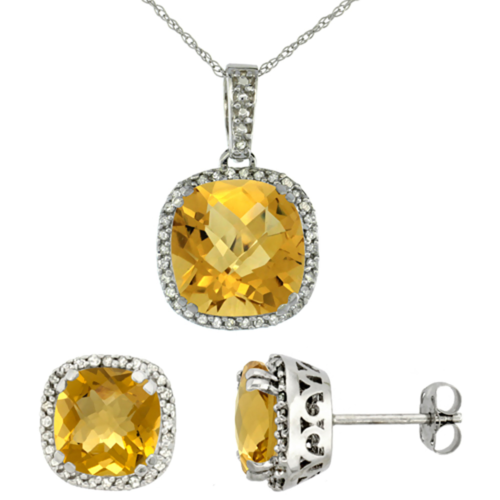 10k White Gold Diamond Halo Natural Whisky Quartz Earring Necklace Set 7x7mm &amp; 10x10mm Cushion, 18 inch