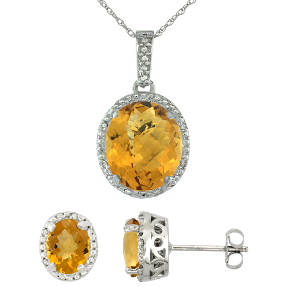 10K White Gold Diamond Halo Natural Whisky Quartz Earrings Necklace Set Oval 7x5mm &amp; 12x10mm, 18 inch