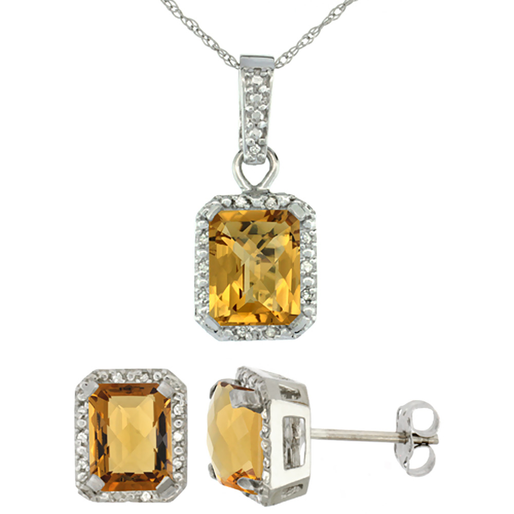 10K White Gold Natural Octagon 8x6 mm Whisky Quartz Earrings &amp; Pendant Set Diamond Accents