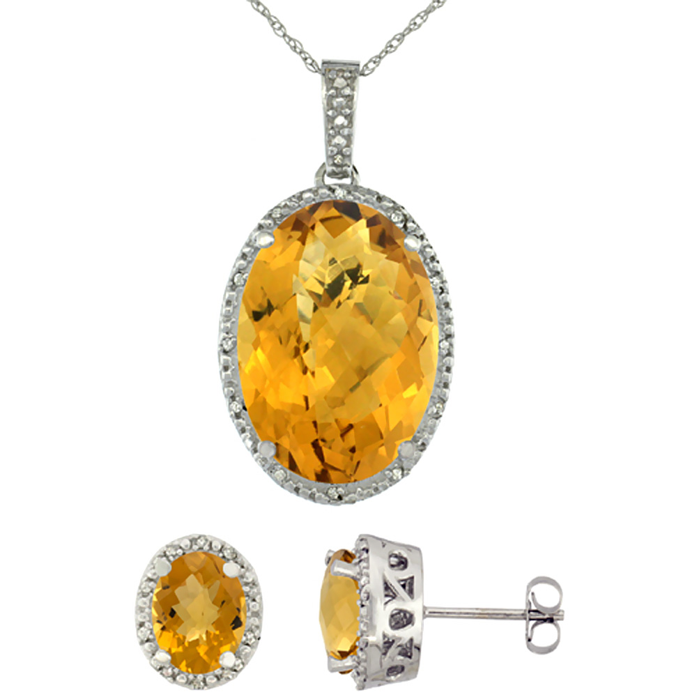 10K White Gold Diamond Natural Oval Whisky Quartz Earrings & Pendant Set