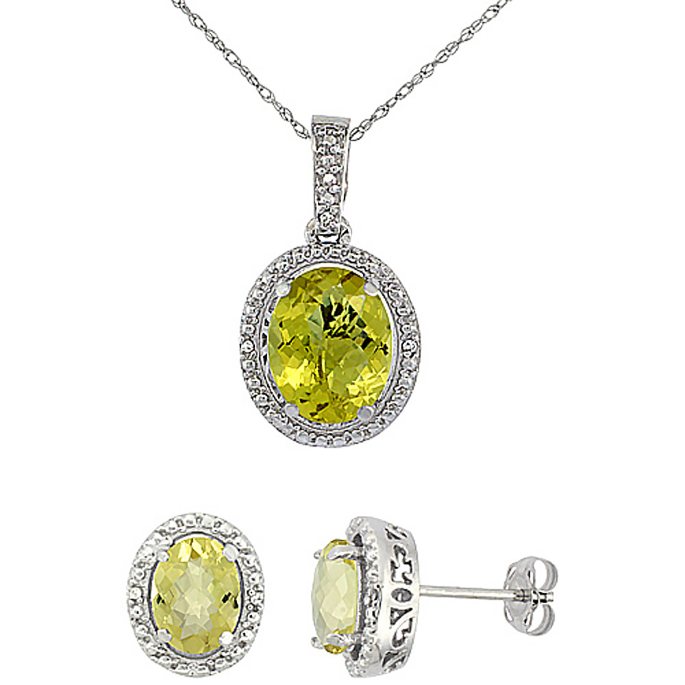 10K White Gold Diamond Natural Lemon Quartz Oval Earrings &amp; Pendant Set