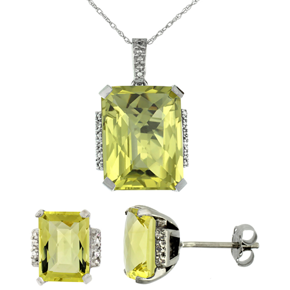 10K White Gold Natural Octagon Lemon Quartz Earrings & Pendant Set Diamond Accents
