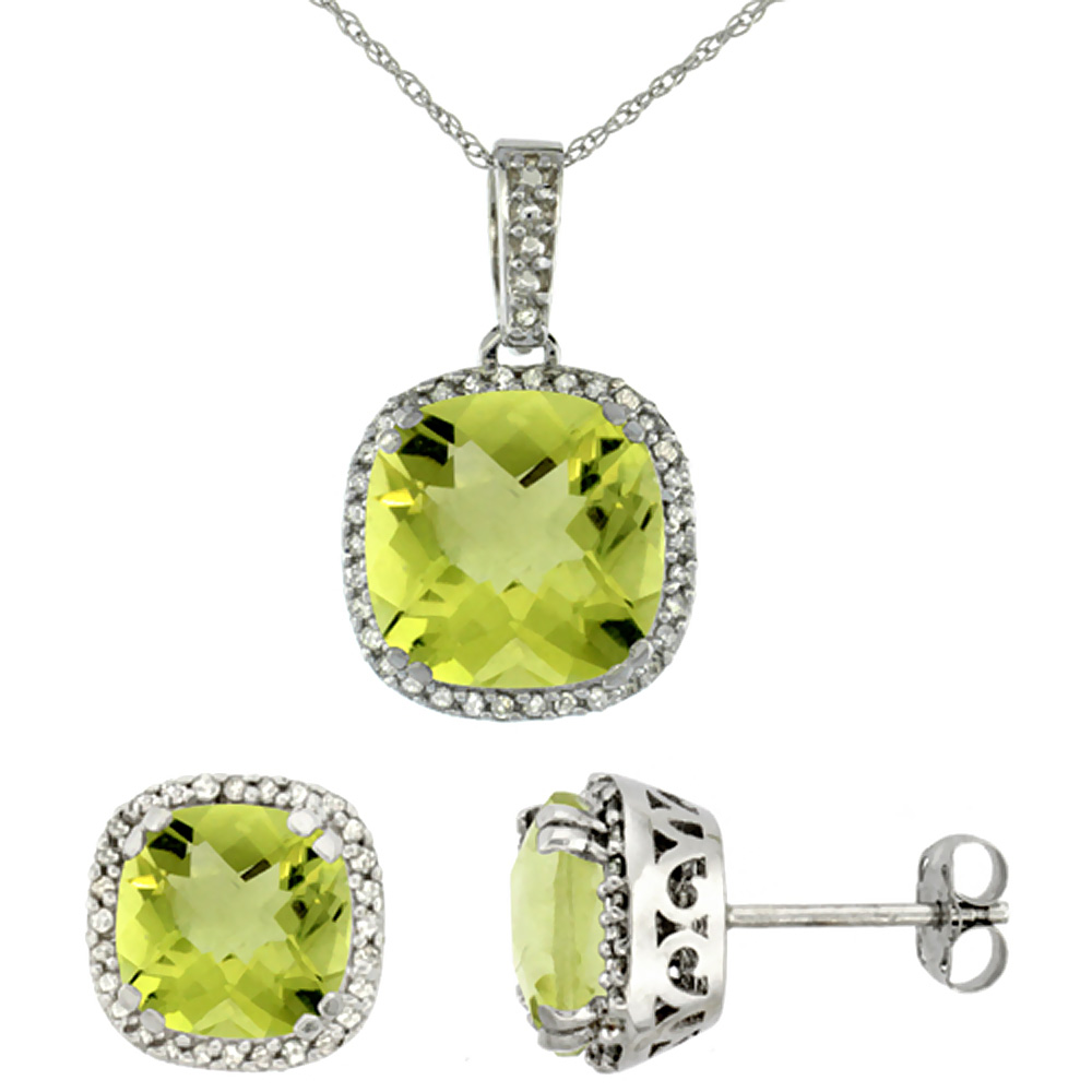 10k White Gold Diamond Halo Natural Lemon Quartz Earring Necklace Set 7x7mm &amp; 10x10mm Cushion, 18 inch