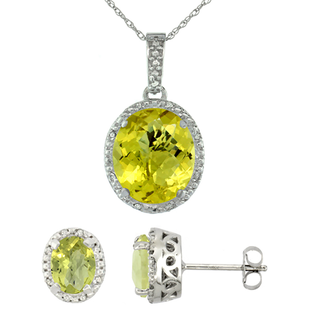10K White Gold Diamond Halo Natural Lemon Quartz Earrings Necklace Set Oval 7x5mm & 12x10mm, 18 inch
