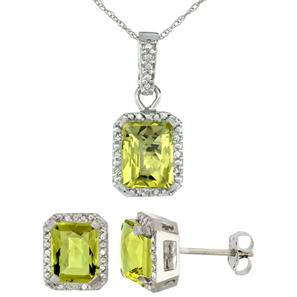 10K White Gold Natural Octagon 8x6 mm Lemon Quartz Earrings & Pendant Set Diamond Accents