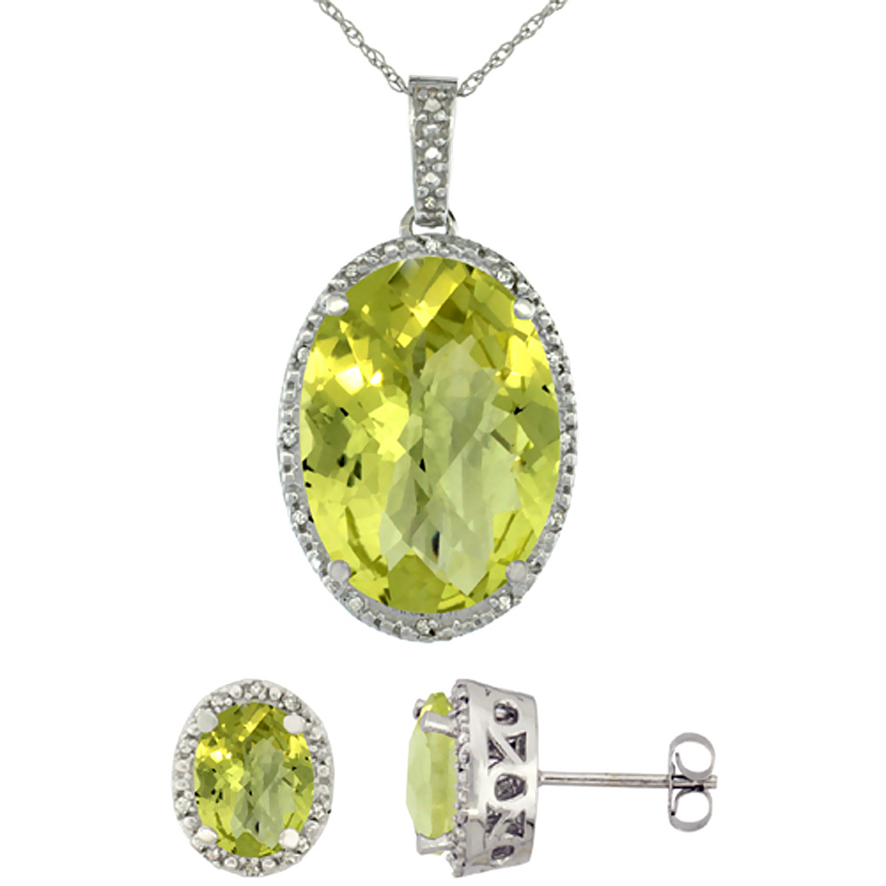 10K White Gold Diamond Natural Oval Lemon Quartz Earrings & Pendant Set