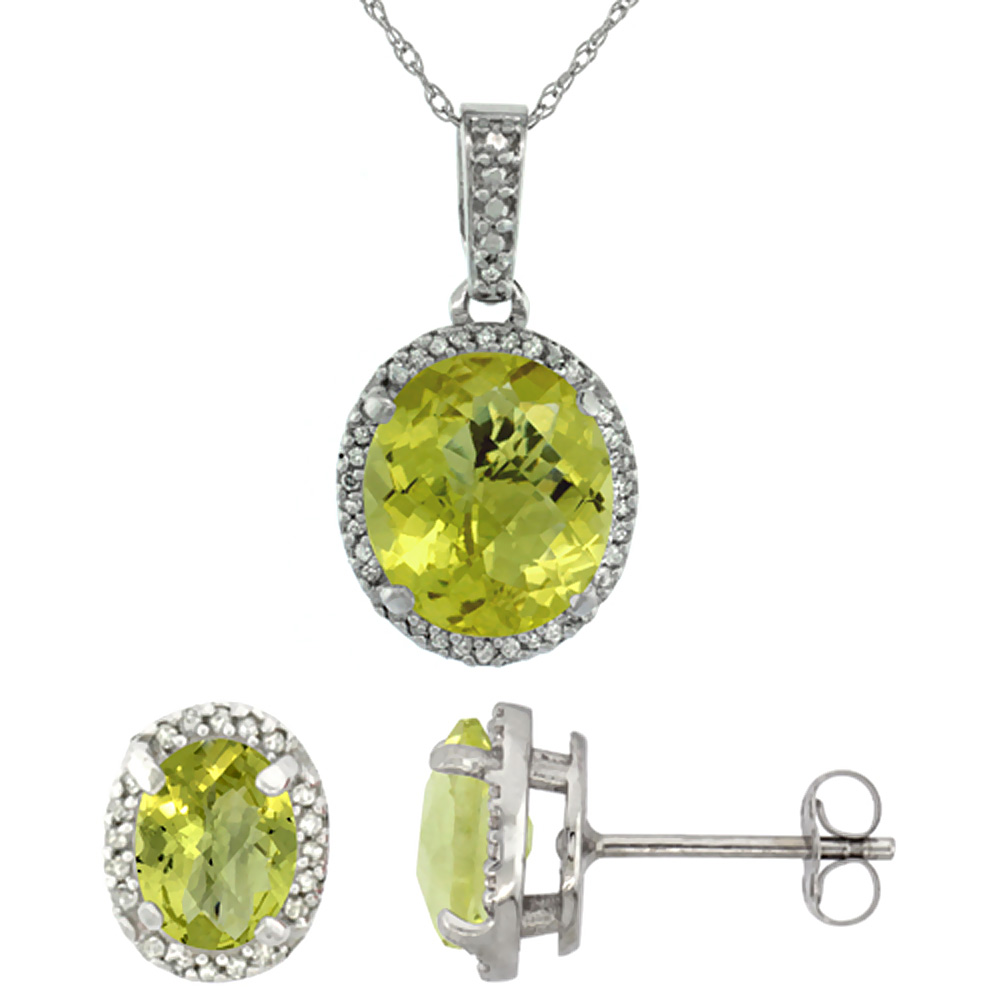 10K White Gold Diamond Natural Lemon Quartz Oval Earrings & Pendant Set