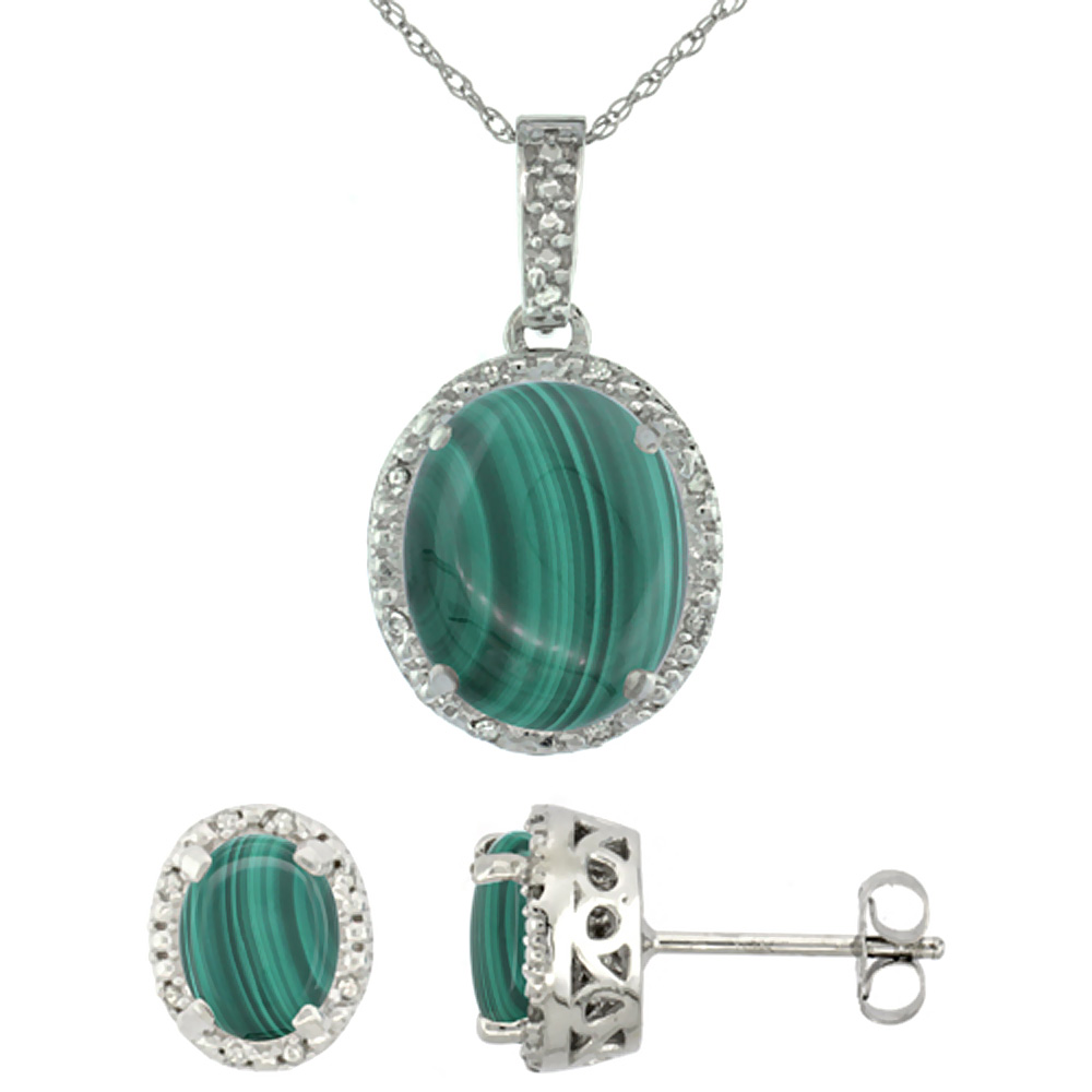 10K White Gold Diamond Halo Natural Malachite Earrings Necklace Set Oval 7x5mm &amp; 12x10mm, 18 inch