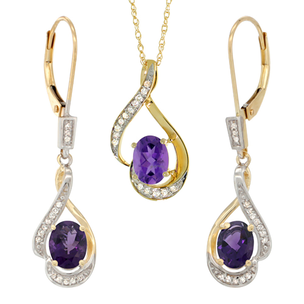 14K Yellow Gold Diamond Natural Amethyst Lever Back Earrings & Necklace Set Oval 7x5mm, 18 inch long