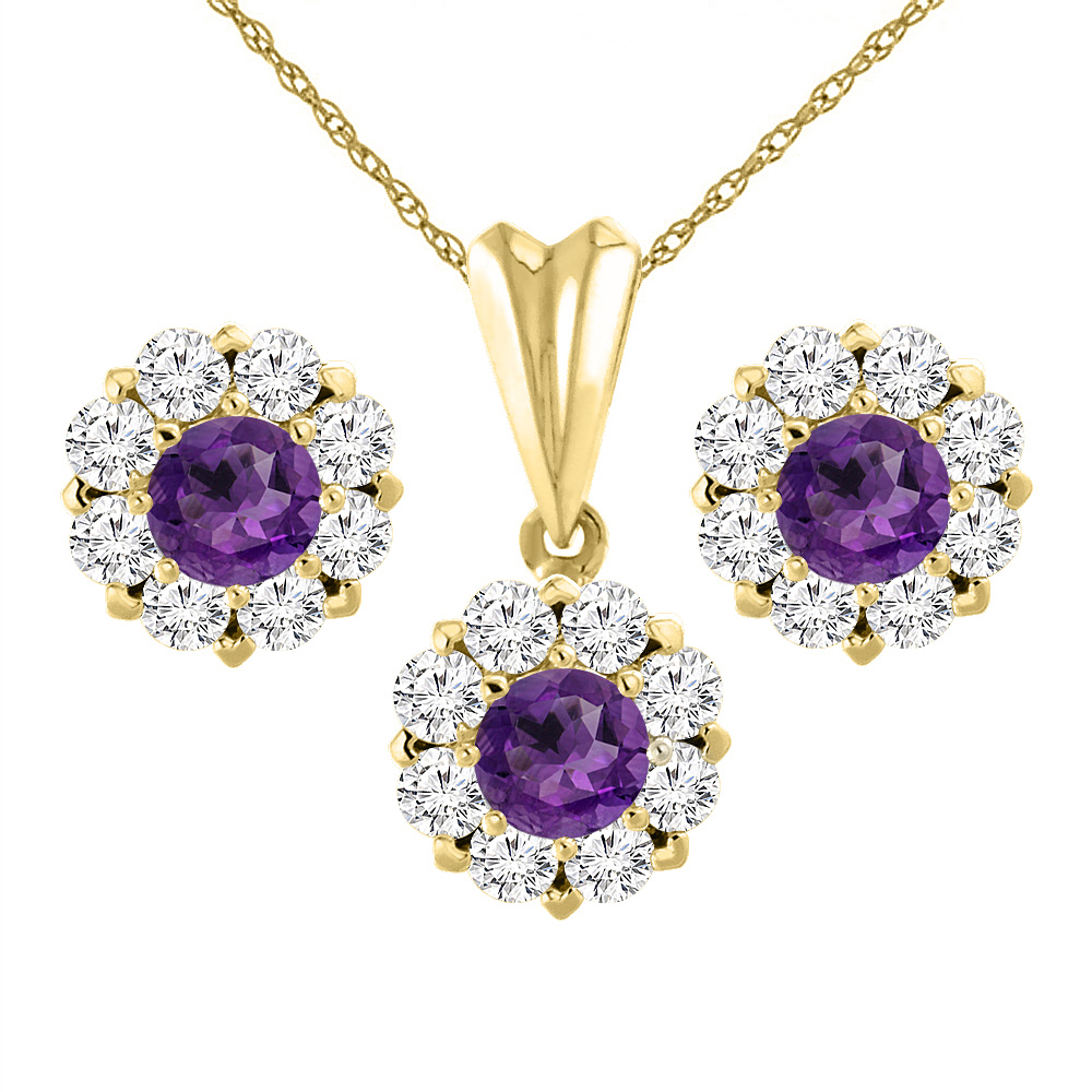 14K Yellow Gold Natural Amethyst Earrings and Pendant Set with Diamond Halo Round 6 mm