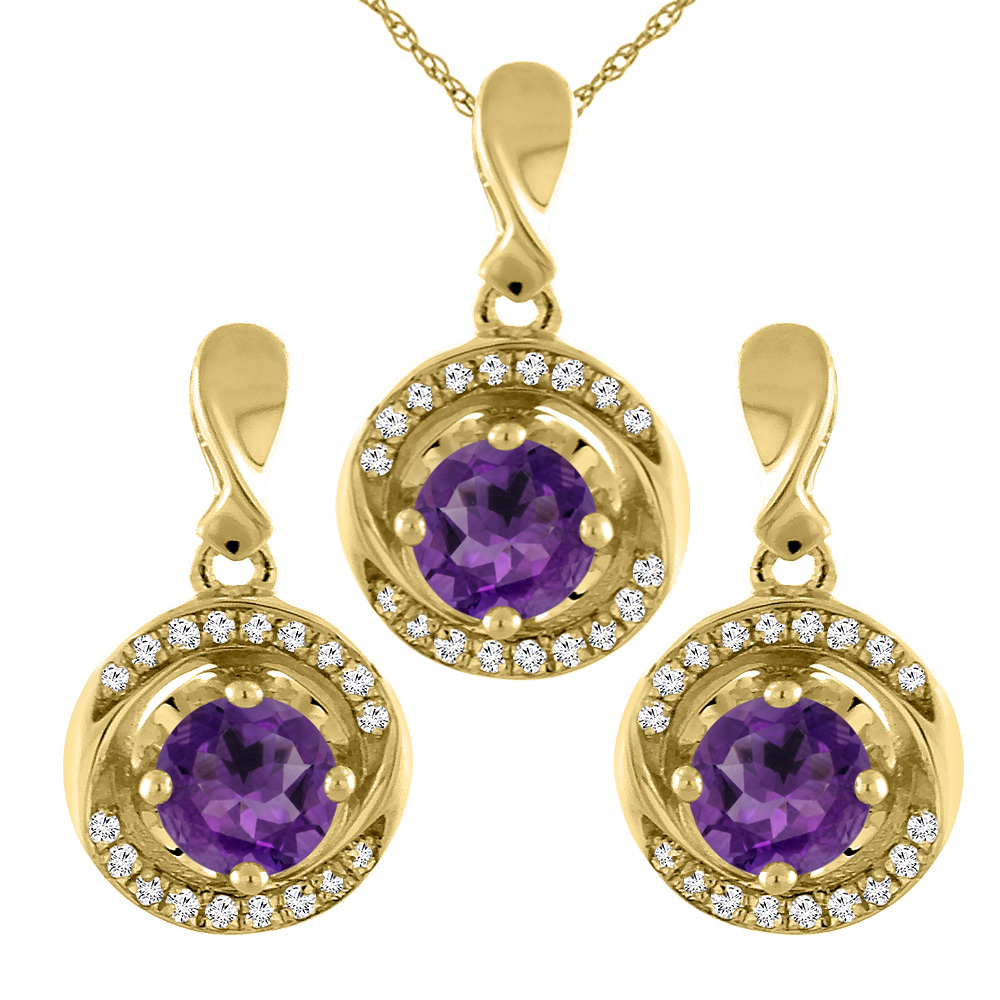14K Yellow Gold Natural Amethyst Earrings and Pendant Set with Diamond Accents Round 4 mm