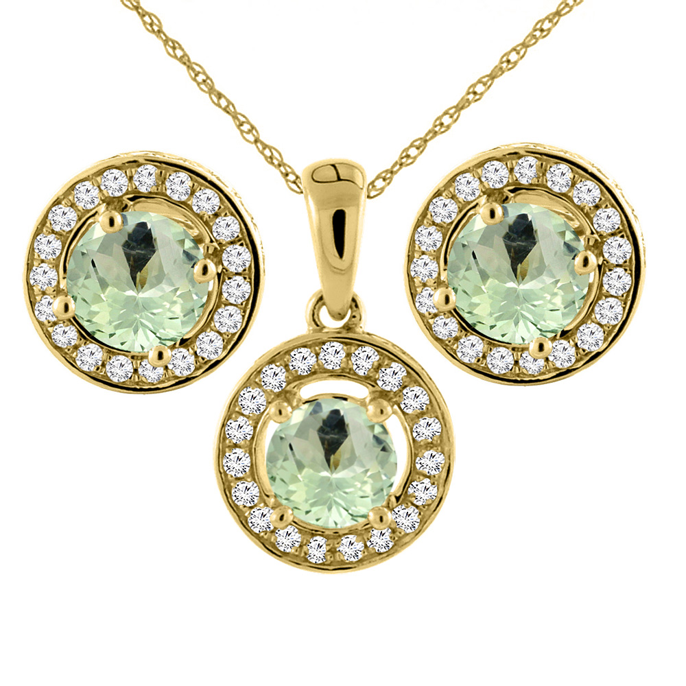 14K Yellow Gold Natural Green Amethyst Earrings and Pendant Set with Diamond Halo Round 5 mm