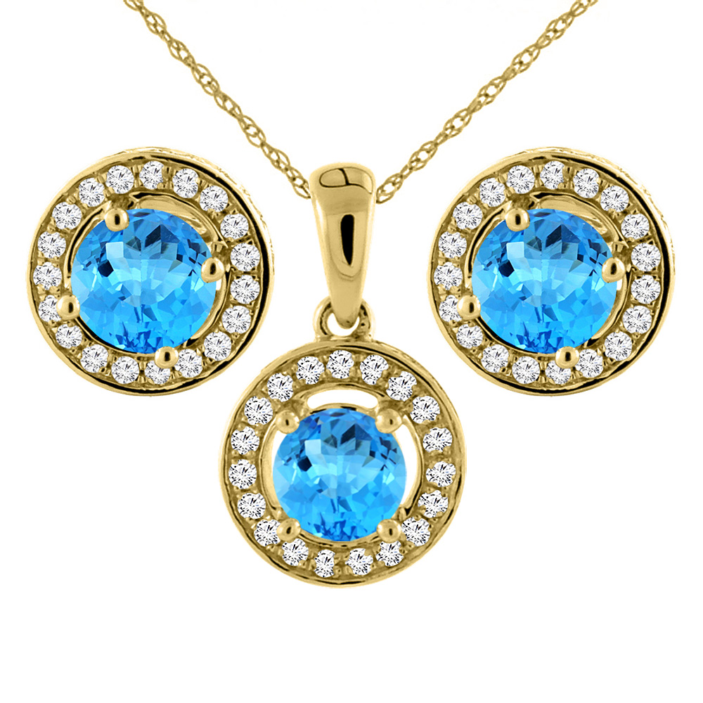 14K Yellow Gold Natural Swiss Blue Topaz Earrings and Pendant Set with Diamond Halo Round 5 mm