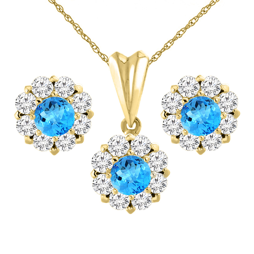 14K Yellow Gold Natural Swiss Blue Topaz Earrings and Pendant Set with Diamond Halo Round 6 mm