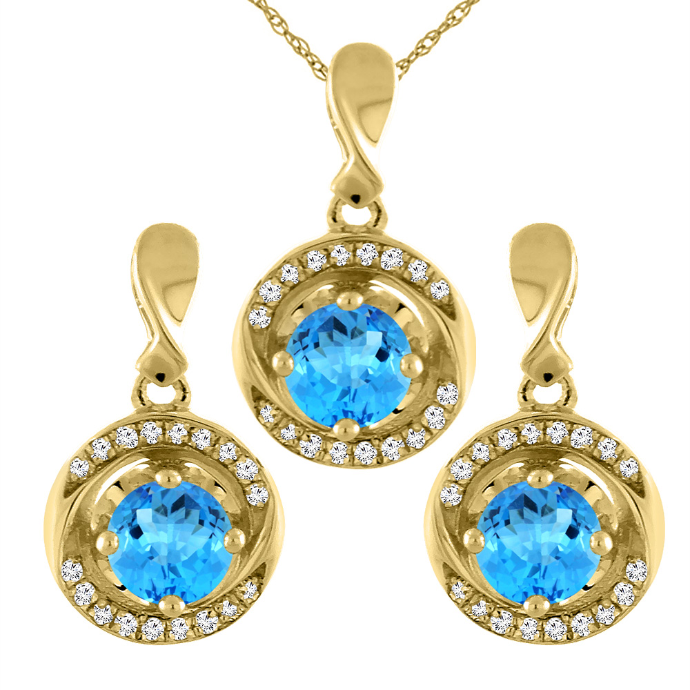 14K Yellow Gold Natural Swiss Blue Topaz Earrings and Pendant Set with Diamond Accents Round 4 mm