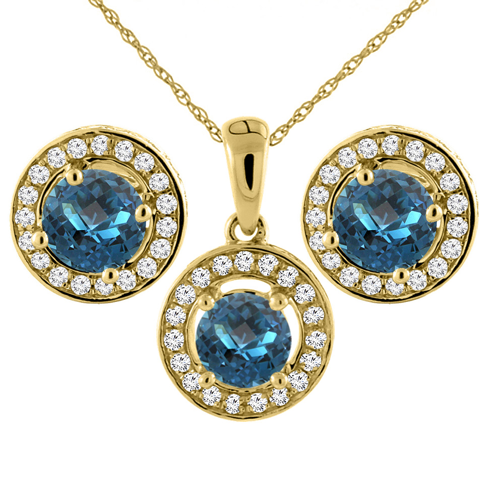 14K Yellow Gold Natural London Blue Topaz Earrings and Pendant Set with Diamond Halo Round 5 mm