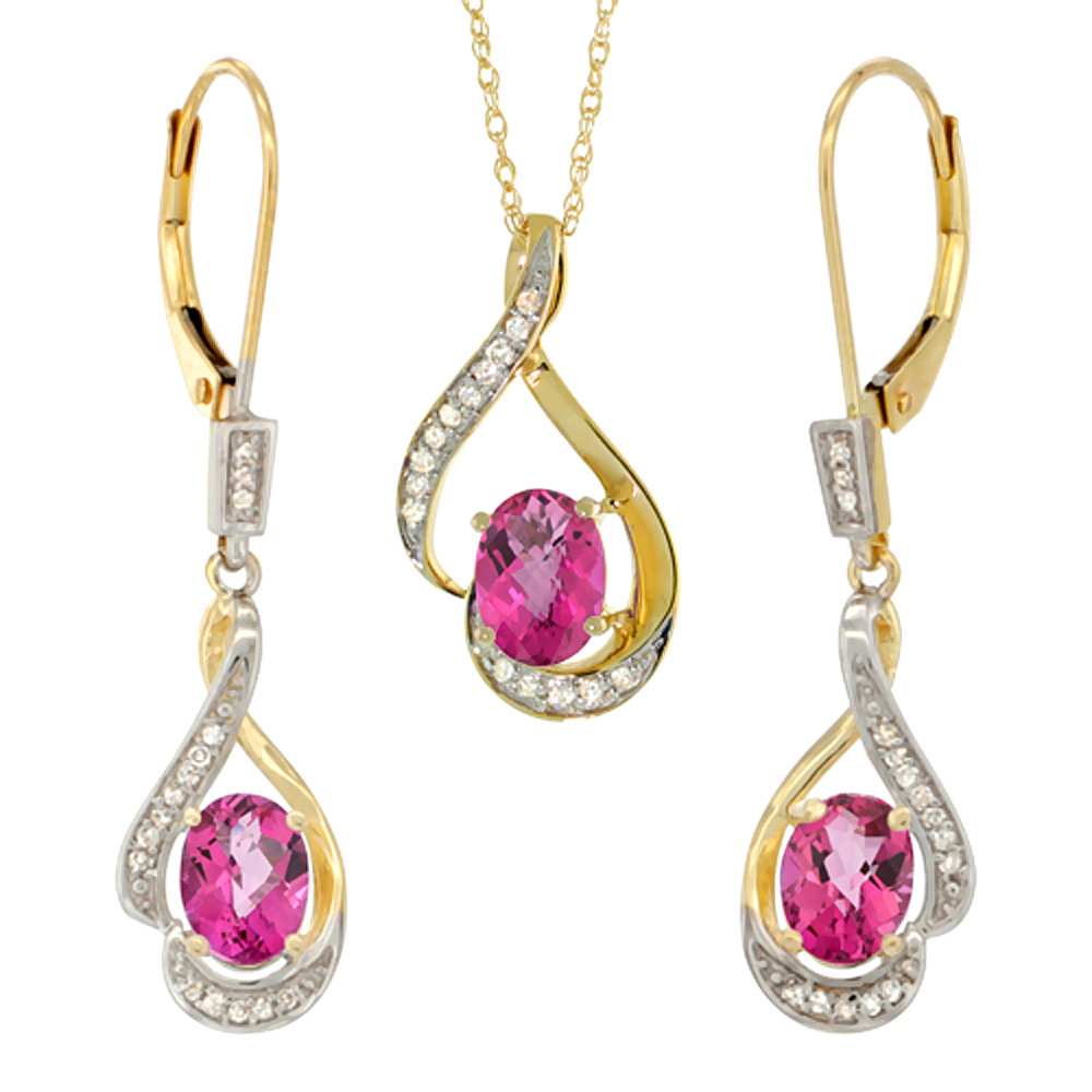 14K Yellow Gold Diamond Natural Pink Sapphire Lever Back Earrings & Necklace Set Oval 7x5mm, 18 inch long