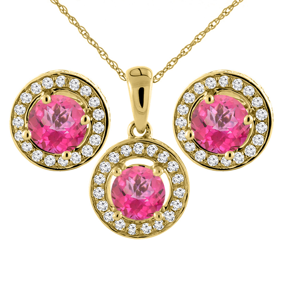 14K Yellow Gold Natural Pink Topaz Earrings and Pendant Set with Diamond Halo Round 5 mm