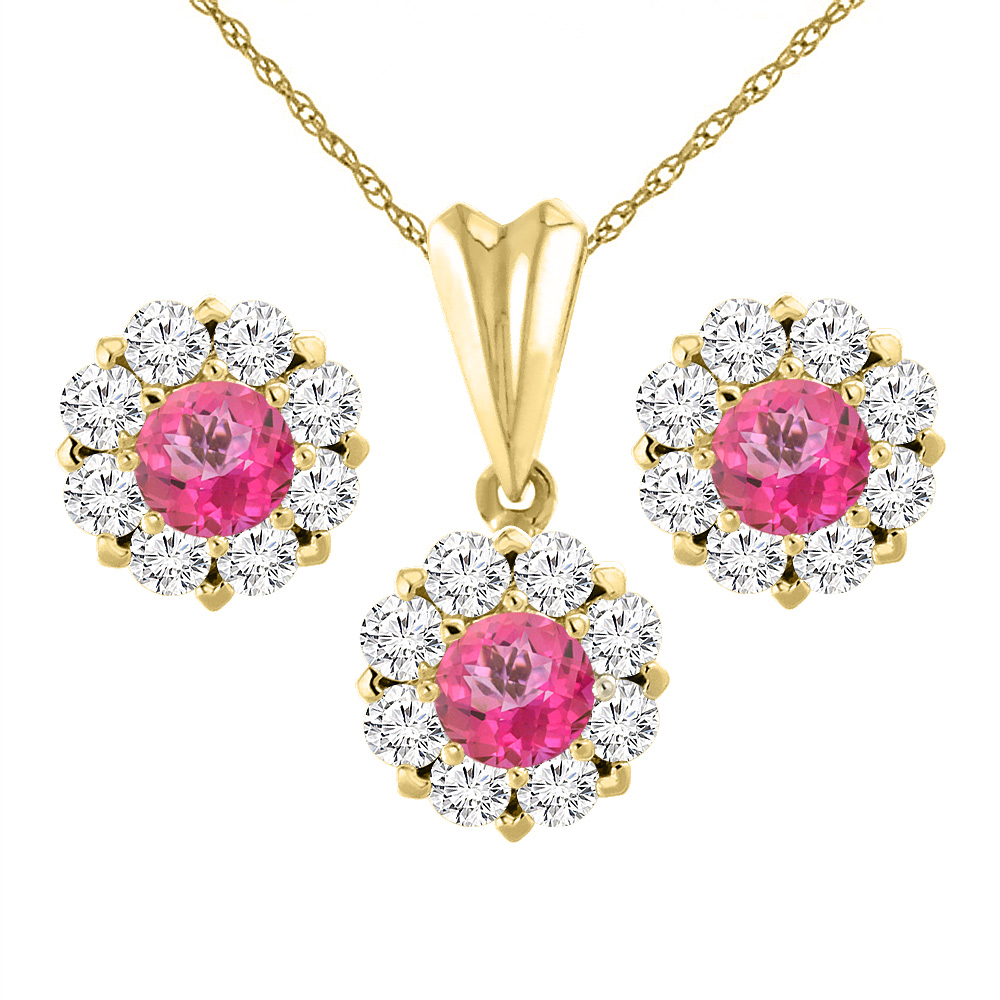 14K Yellow Gold Natural Pink Topaz Earrings and Pendant Set with Diamond Halo Round 6 mm