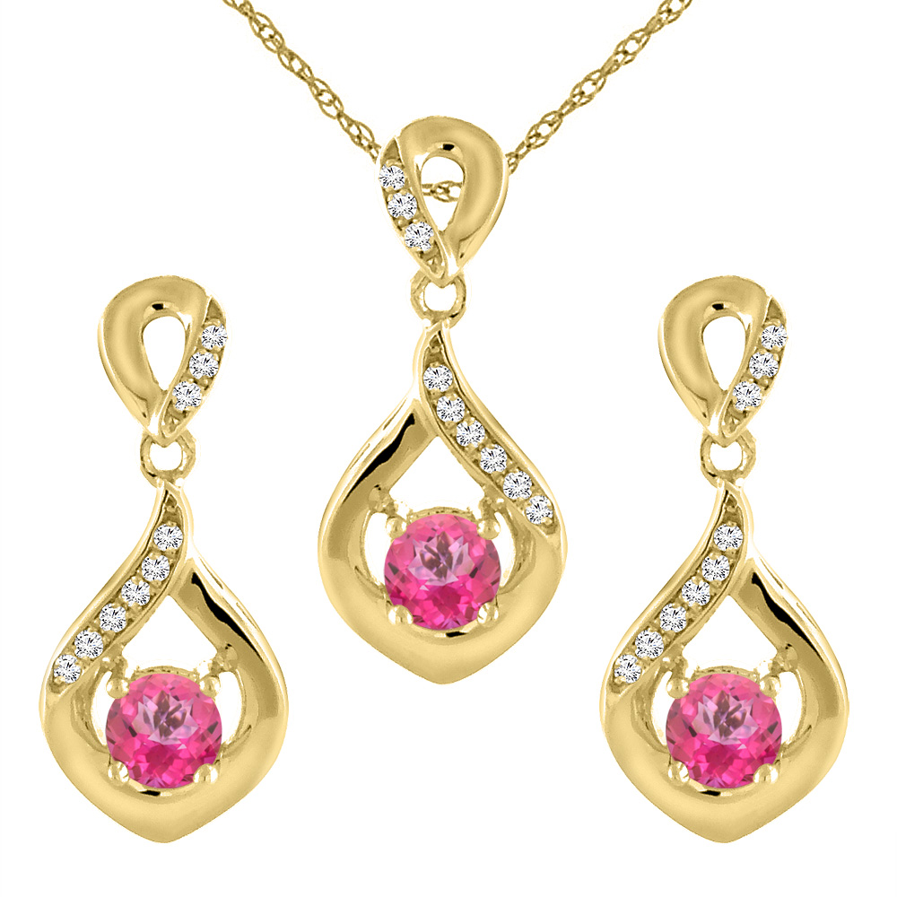 14K Yellow Gold Natural Pink Topaz Earrings and Pendant Set with Diamond Accents Round 4 mm