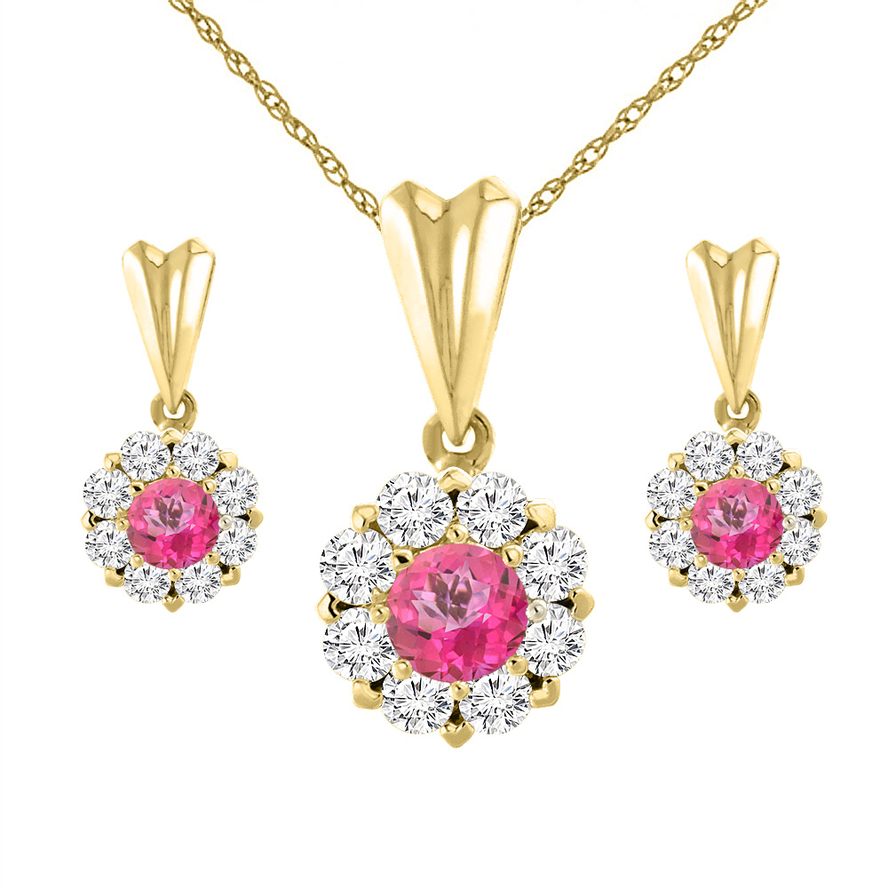 14K Yellow Gold Natural Pink Topaz Earrings and Pendant Set with Diamond Halo Round 4 mm