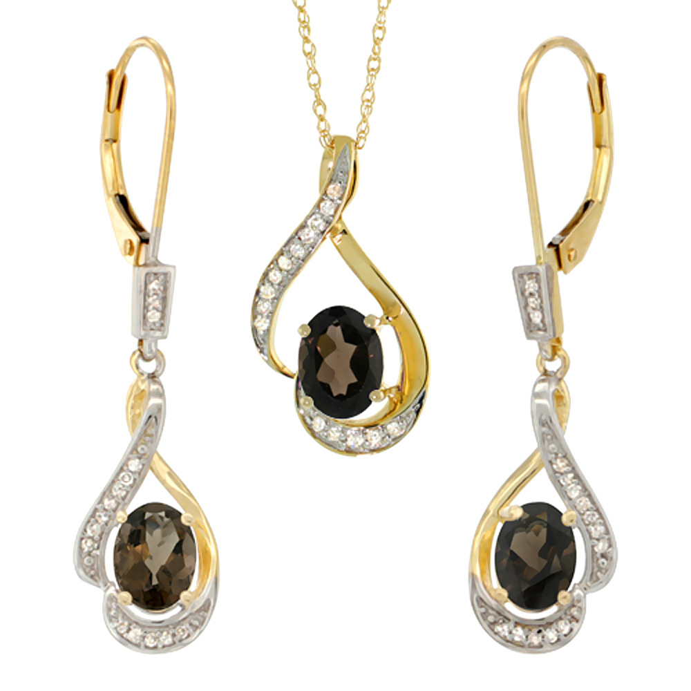 14K Yellow Gold Diamond Natural Smoky Topaz Lever Back Earrings & Necklace Set Oval 7x5mm, 18 inch long