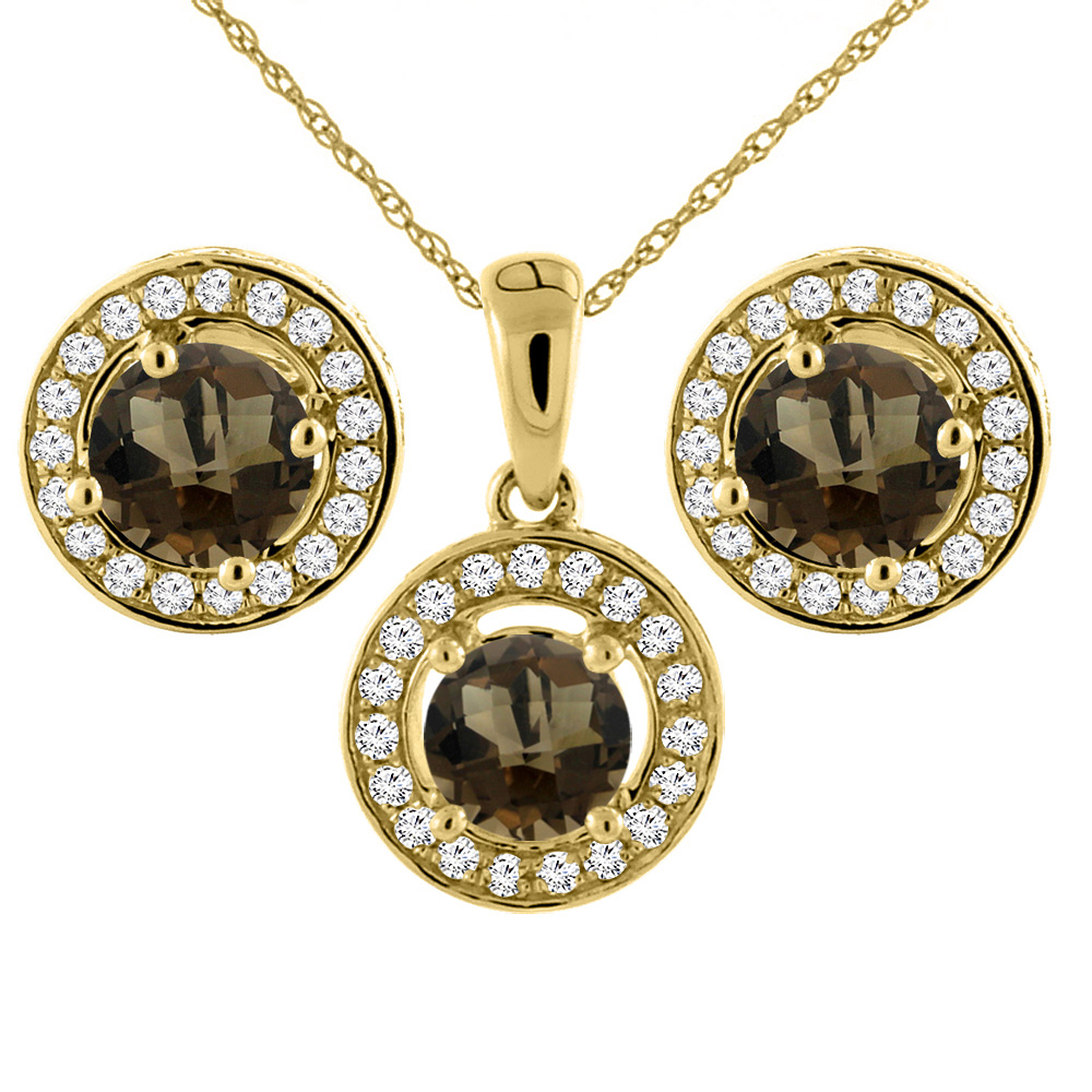 14K Yellow Gold Natural Smoky Topaz Earrings and Pendant Set with Diamond Halo Round 5 mm