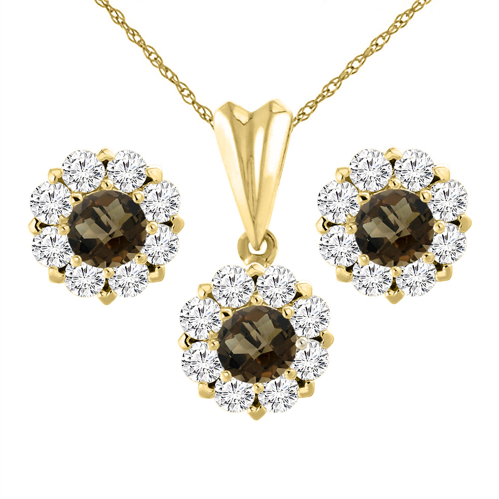 14K Yellow Gold Natural Smoky Topaz Earrings and Pendant Set with Diamond Halo Round 6 mm