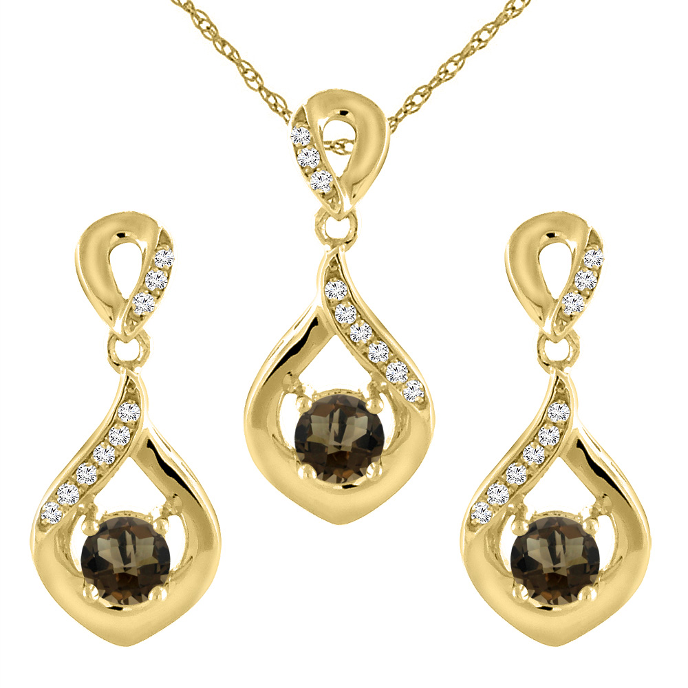 14K Yellow Gold Natural Smoky Topaz Earrings and Pendant Set with Diamond Accents Round 4 mm