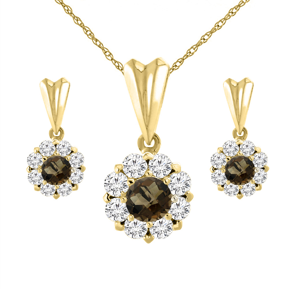 14K Yellow Gold Natural Smoky Topaz Earrings and Pendant Set with Diamond Halo Round 4 mm