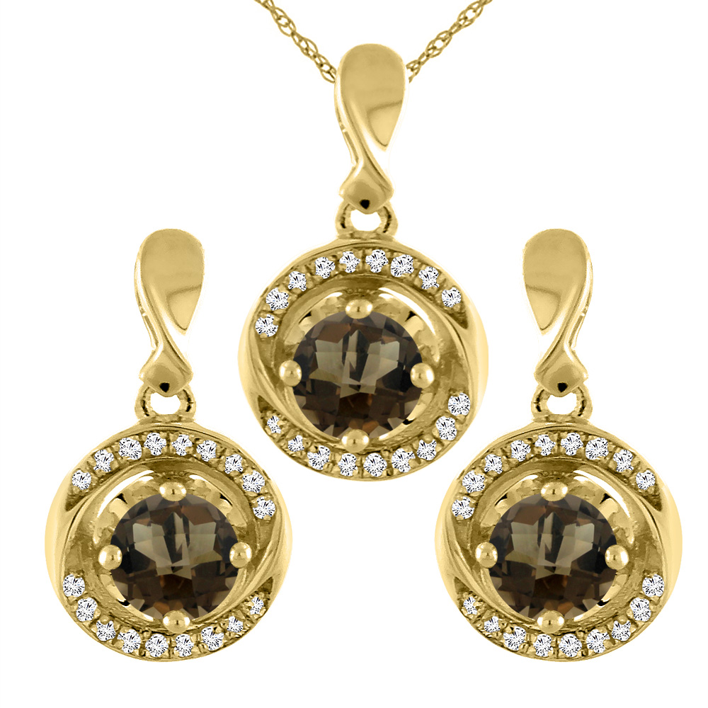 14K Yellow Gold Natural Smoky Topaz Earrings and Pendant Set with Diamond Accents Round 4 mm