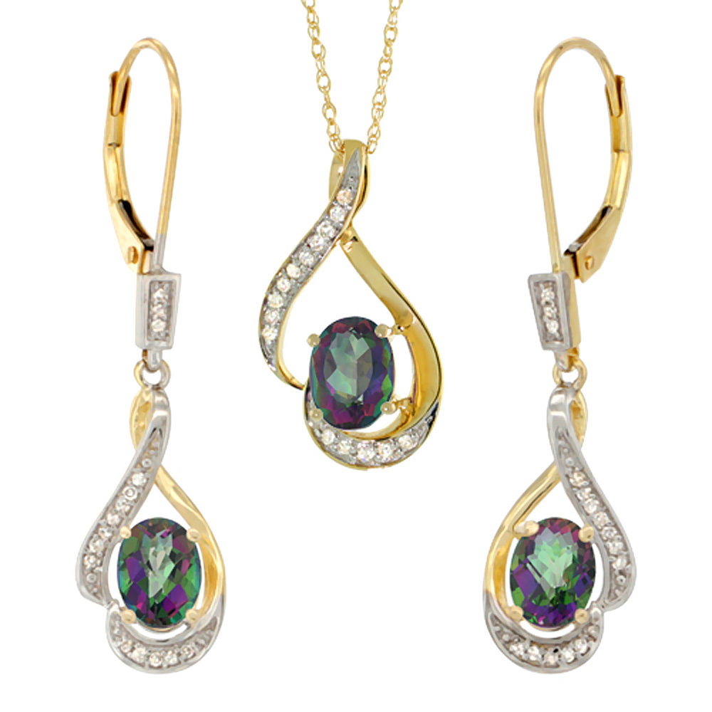 14K Yellow Gold Diamond Natural Mystic Topaz Lever Back Earrings & Necklace Set Oval 7x5mm, 18 inch long