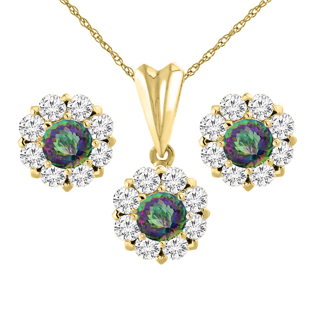14K Yellow Gold Natural Mystic Topaz Earrings and Pendant Set with Diamond Halo Round 6 mm