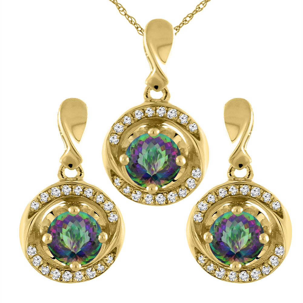 14K Yellow Gold Natural Mystic Topaz Earrings and Pendant Set with Diamond Accents Round 4 mm