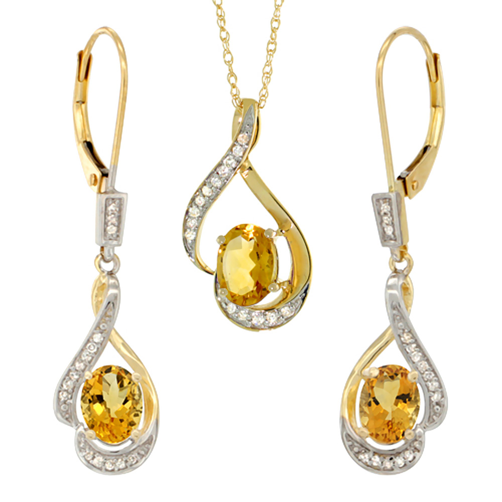 14K Yellow Gold Diamond Natural Citrine Lever Back Earrings & Necklace Set Oval 7x5mm, 18 inch long