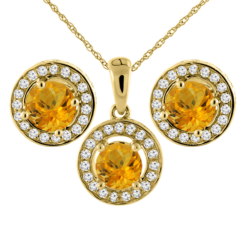 14K Yellow Gold Natural Citrine Earrings and Pendant Set with Diamond Halo Round 5 mm