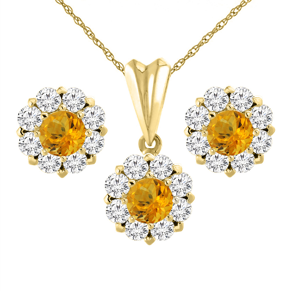 14K Yellow Gold Natural Citrine Earrings and Pendant Set with Diamond Halo Round 6 mm