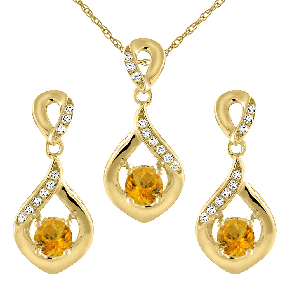 14K Yellow Gold Natural Citrine Earrings and Pendant Set with Diamond Accents Round 4 mm