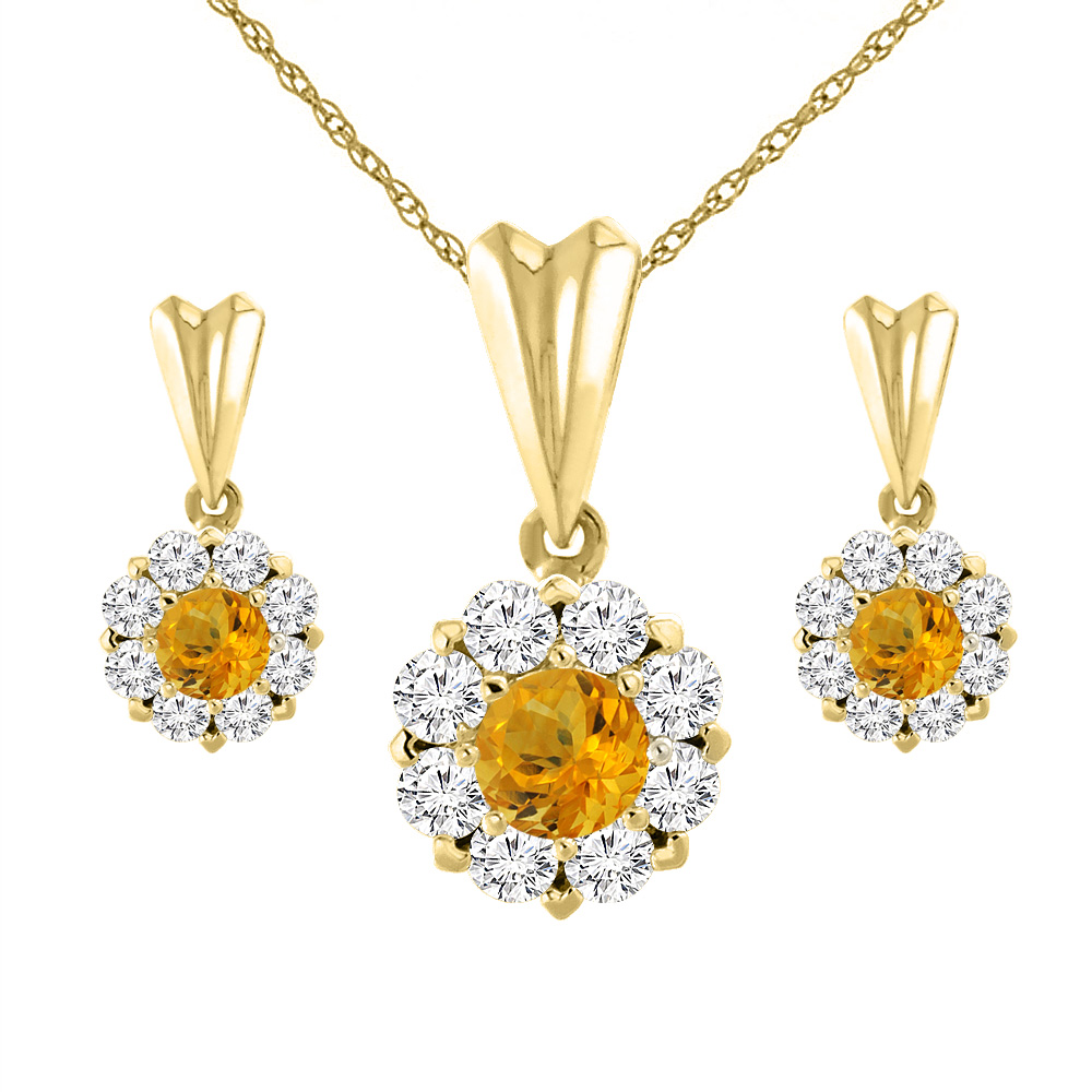14K Yellow Gold Natural Citrine Earrings and Pendant Set with Diamond Halo Round 4 mm